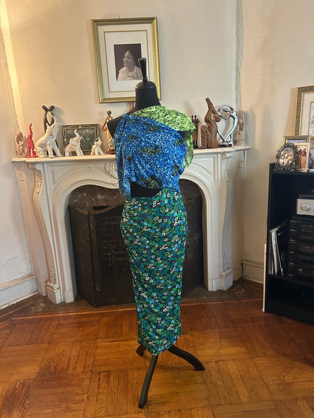 Zara Green and Blue Floral High-Waist Midi Skirt with Mixed Print Top